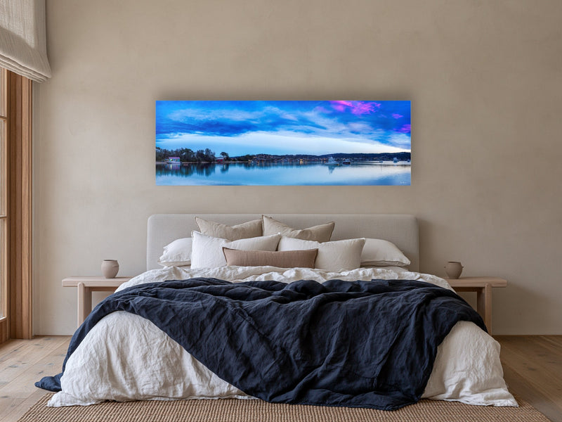 Dawn Delight panorama in acrylic above a linen bed