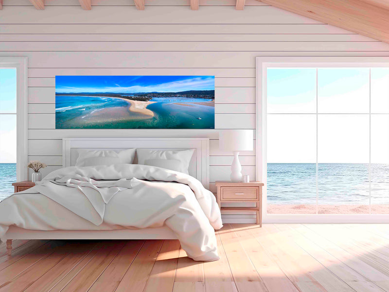 Merimbula Lake aerial panorama — acrylic wall art, Sapphire Coast NSW
