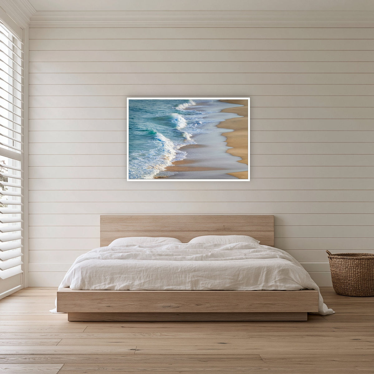 Tura Beach Waves in a white frame without a mat, in a bedroom