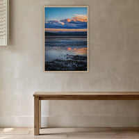 Bird on Boardwalk in an oak frame without a mat, in a plaster-walled hallway