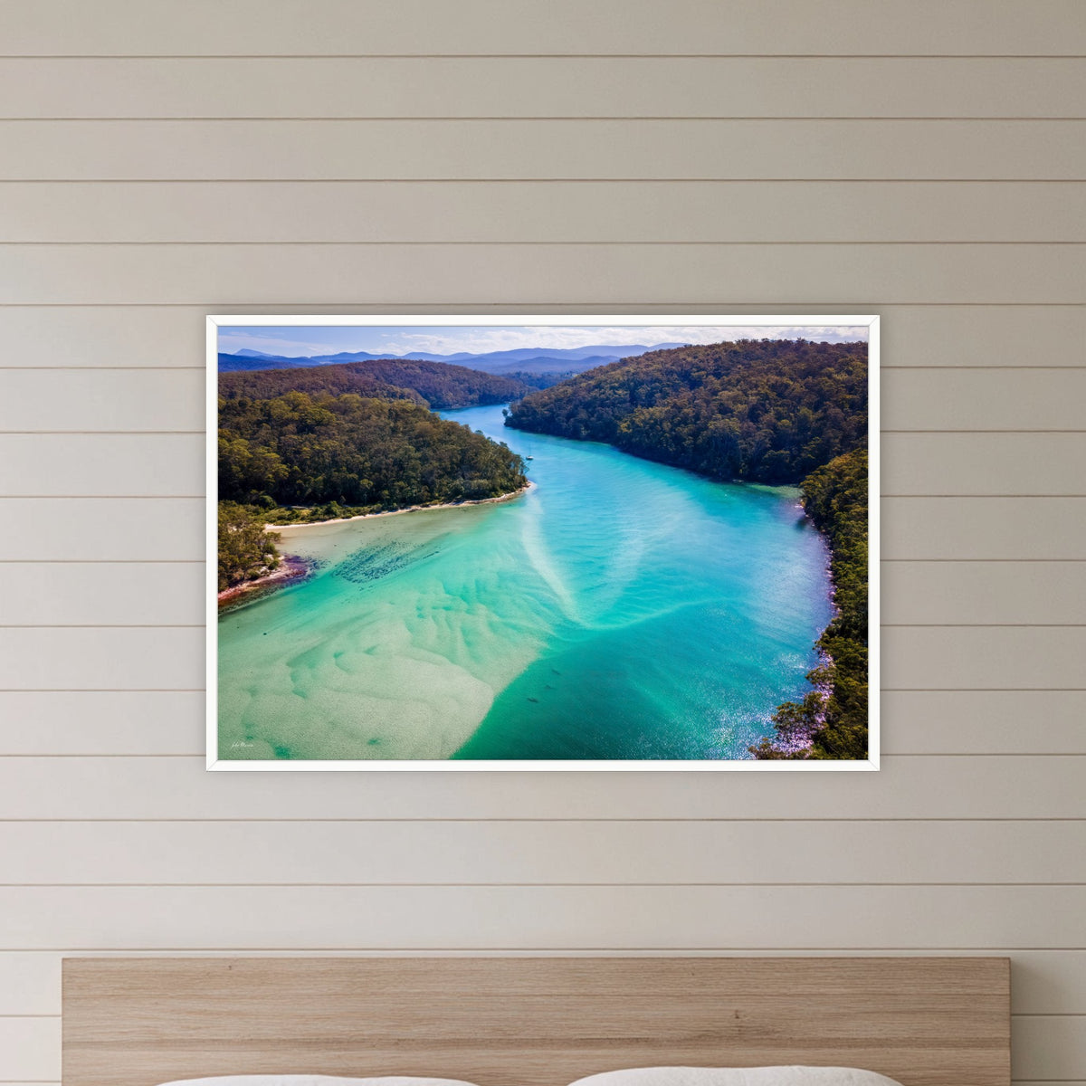 Pambula River to the Mountains in a white frame without a mat, in a bedroom