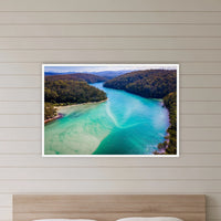 Pambula River to the Mountains in a white frame without a mat, in a bedroom