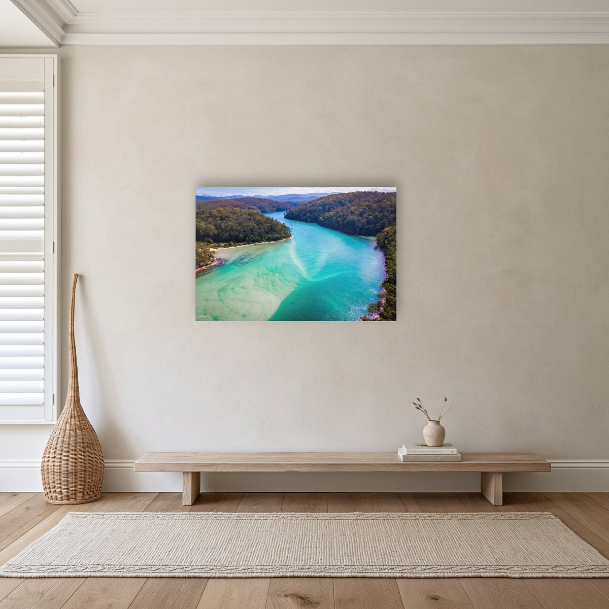 Pambula River to the Mountains acrylic panel wall art in a hallway
