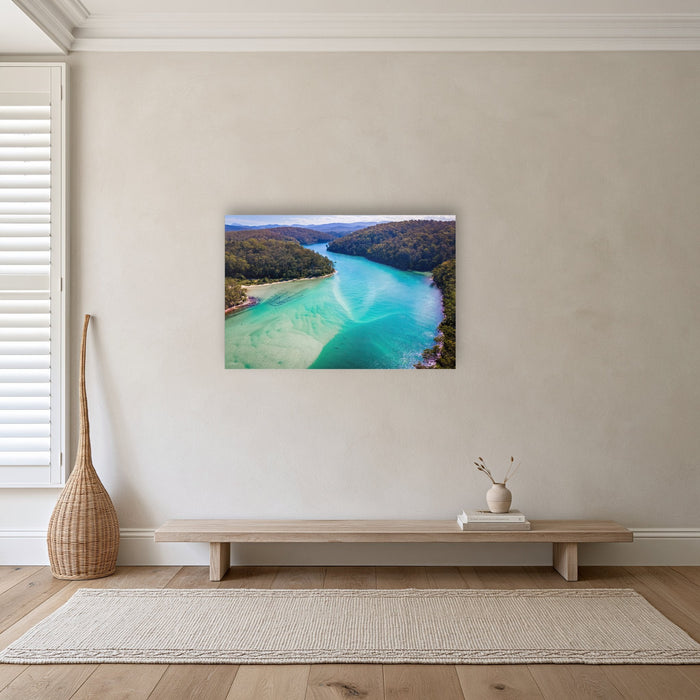 Pambula River to the Mountains acrylic panel wall art in a hallway