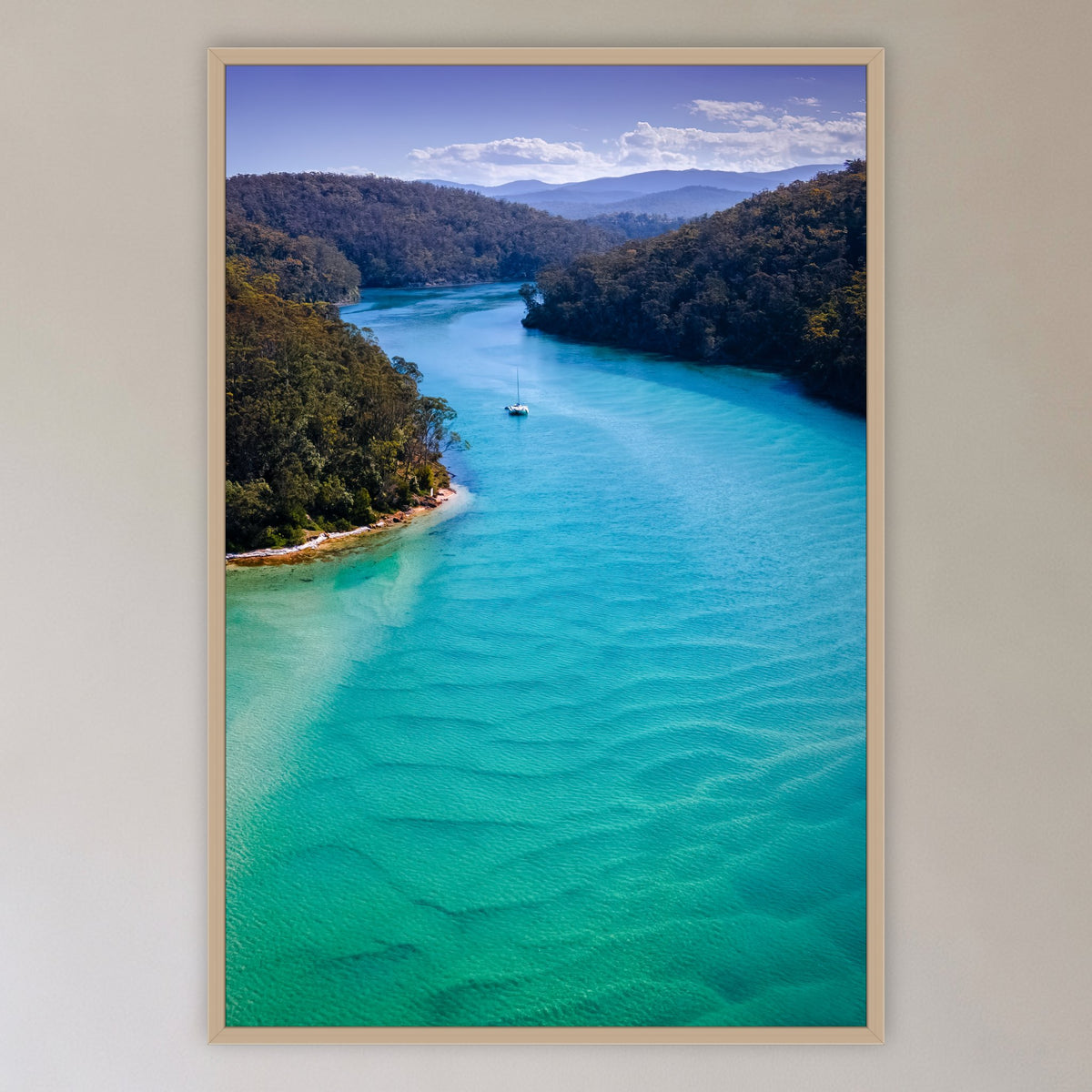 Pambula River Safe Shelter in an oak frame without a mat, in a cane-panelled hallway