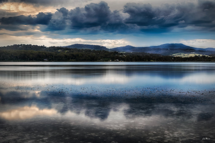 Top Lake Merimbula storm clouds print, dramatic sky reflected in lake — fine art print