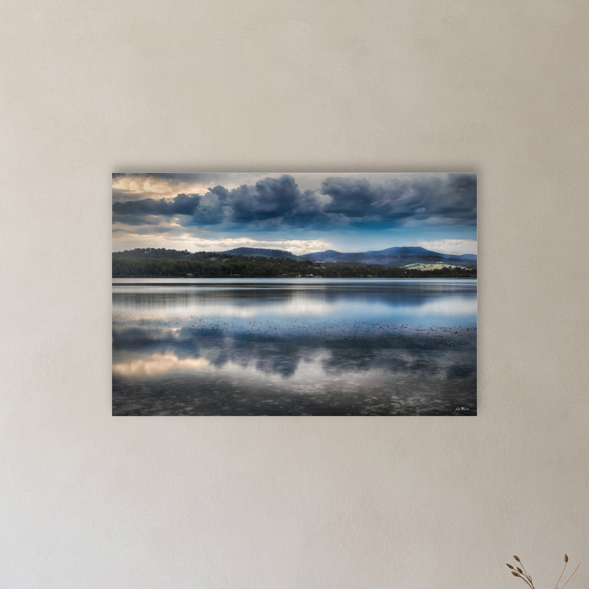Storm Clouds over Top Lake acrylic panel wall art in a hallway