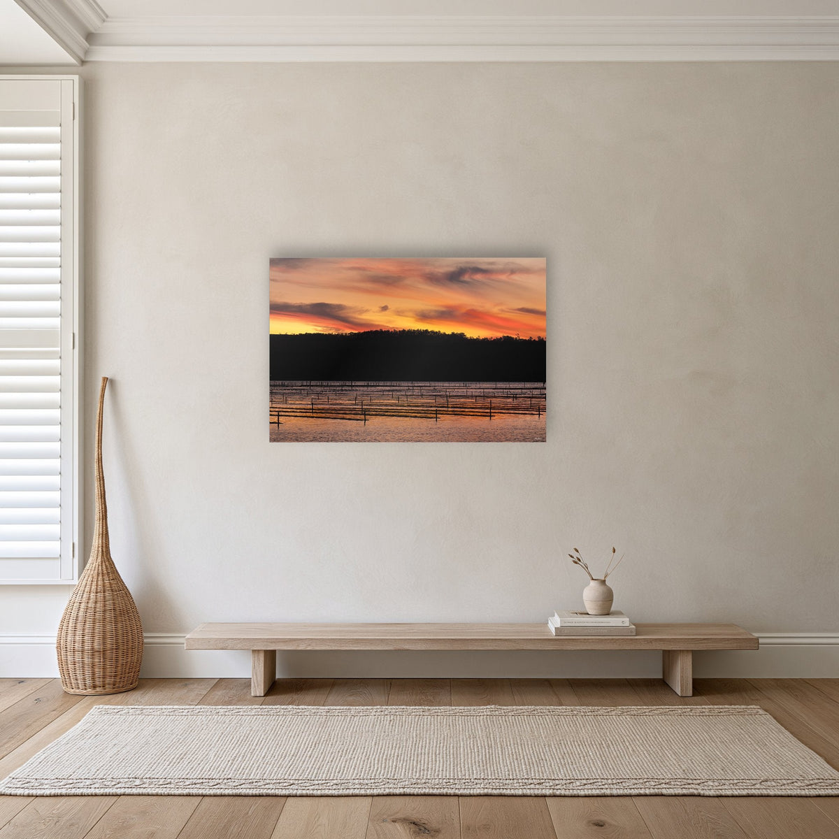 Top Lake Oyster Leases at Sunset acrylic panel wall art in a hallway