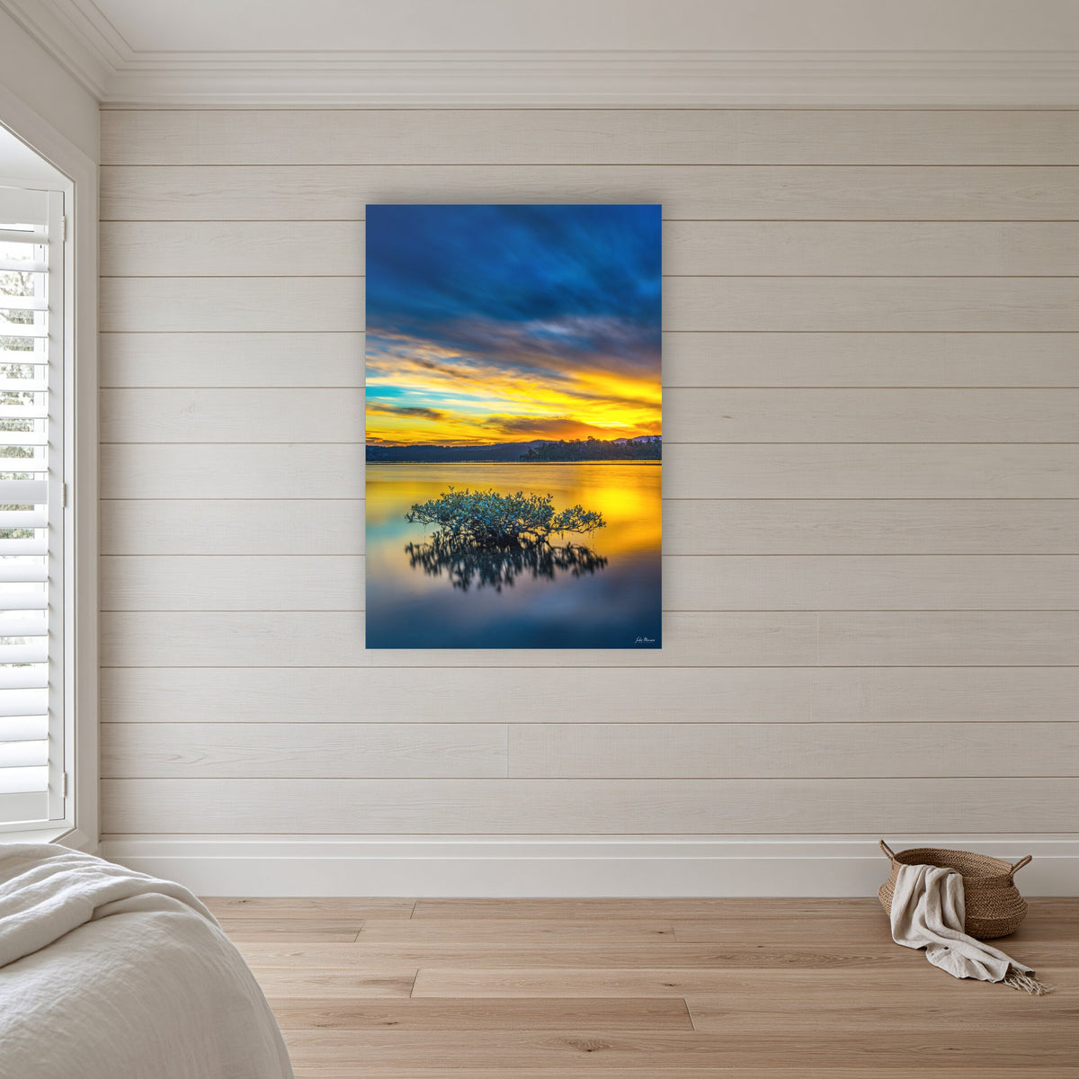 Mangrove Reflections acrylic panel wall art in a coastal bedroom