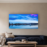 Dawn Delight wide panorama of Merimbula Lake in acrylic above a navy linen sofa — wall art, Sapphire Coast NSW