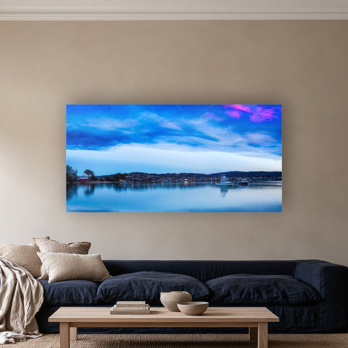 Dawn Delight wide panorama of Merimbula Lake in acrylic above a navy linen sofa — wall art, Sapphire Coast NSW