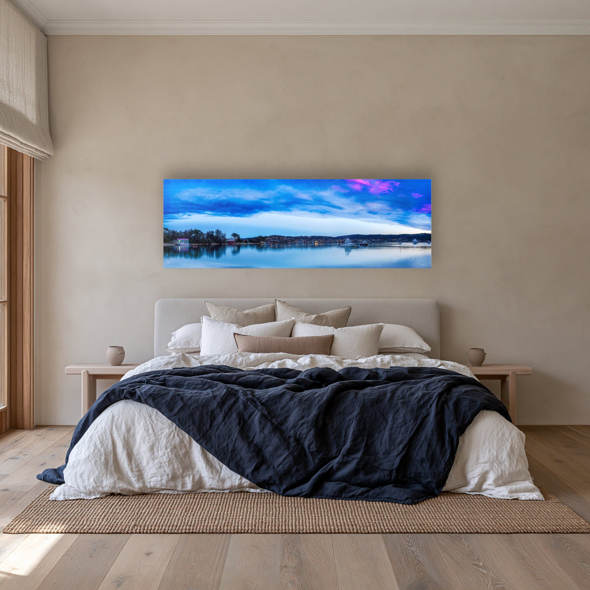 Dawn Delight super wide panorama in acrylic above a linen bed — wall art, Merimbula NSW