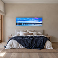 Dawn Delight super wide panorama in acrylic above a linen bed — wall art, Merimbula NSW