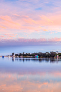 Mitchies Jetty on Merimbula Lake under a pastel pink sunset — fine art print