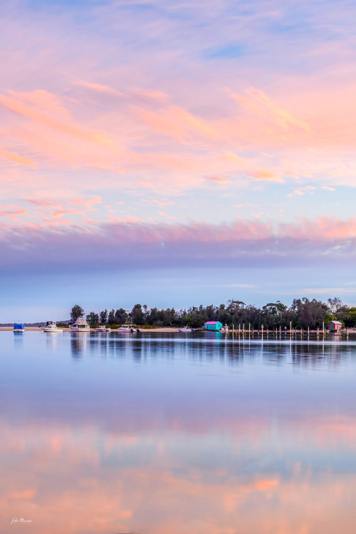Mitchies Jetty on Merimbula Lake under a pastel pink sunset — fine art print