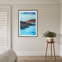 Pambula River Oyster Leases framed print in black with a white mat, in a coastal bedroom