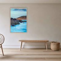 Pambula River Oyster Leases in an oak frame without a mat, in a cane-panelled hallway