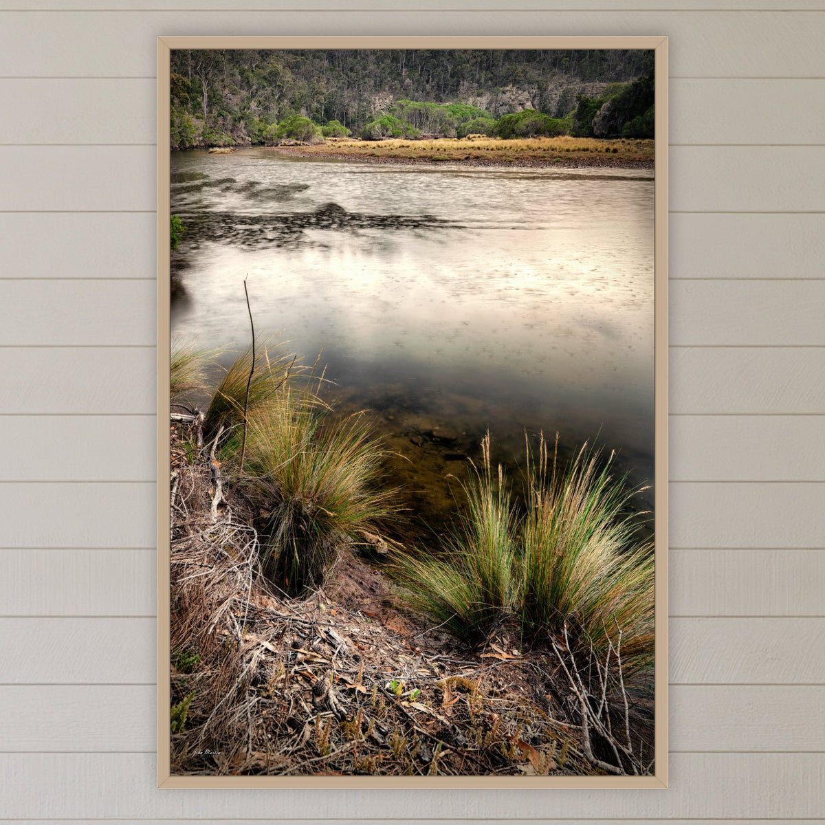 Yowaka River in an oak frame without a mat, above the bed in a white coastal bedroom