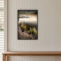 Yowaka River in a black frame without a mat, on a panelled hallway wall