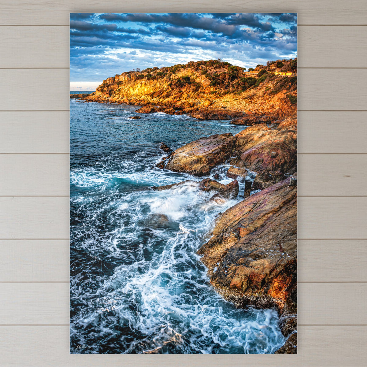 Tathra Rocks acrylic panel wall art in a coastal bedroom