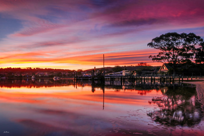 Spencer Park Merimbula Lake sunset, crimson and gold sky reflection — fine art print