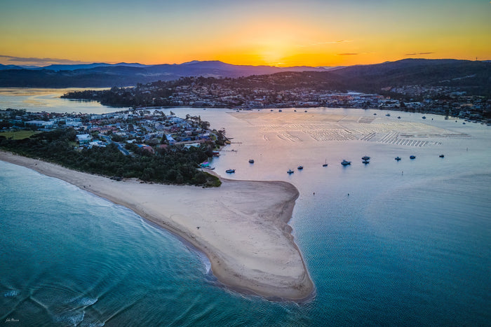 Fishpen aerial photograph at sunset, Merimbula Lake and township from above — fine art print