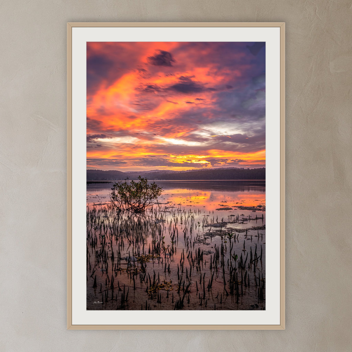 Top Lake Mangrove framed print in oak with a white mat, in a plaster-walled hallway