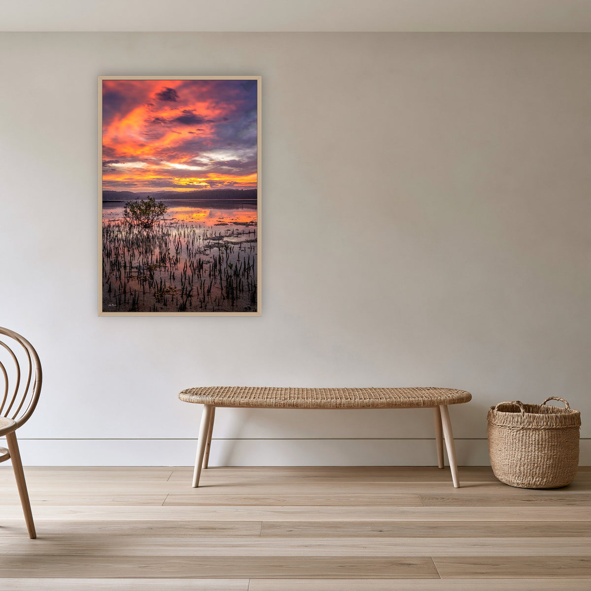 Top Lake Mangrove in an oak frame without a mat, in a cane-panelled hallway