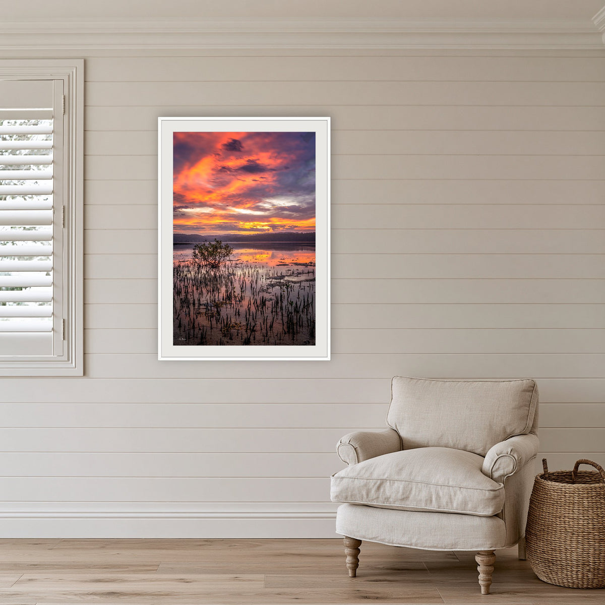 Top Lake Mangrove framed print in white with a mat, in a coastal lounge room