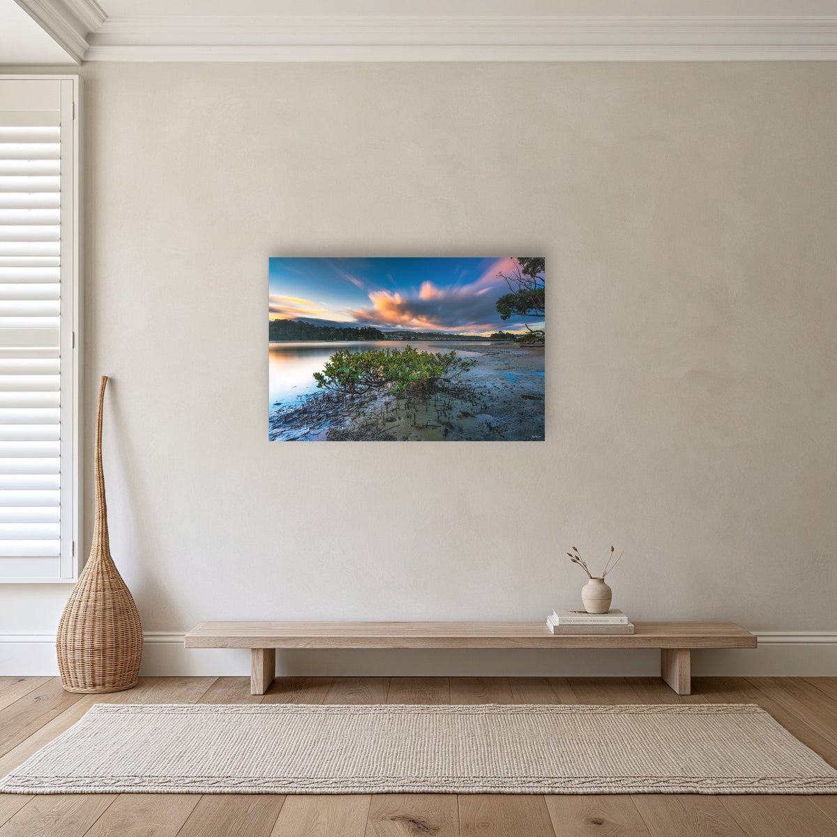 Merimbula through a Mangrove Tree acrylic panel wall art in a hallway