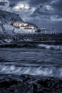 Merimbula Wharf in monochrome with the Aquarium Restaurant left in colour — fine art print
