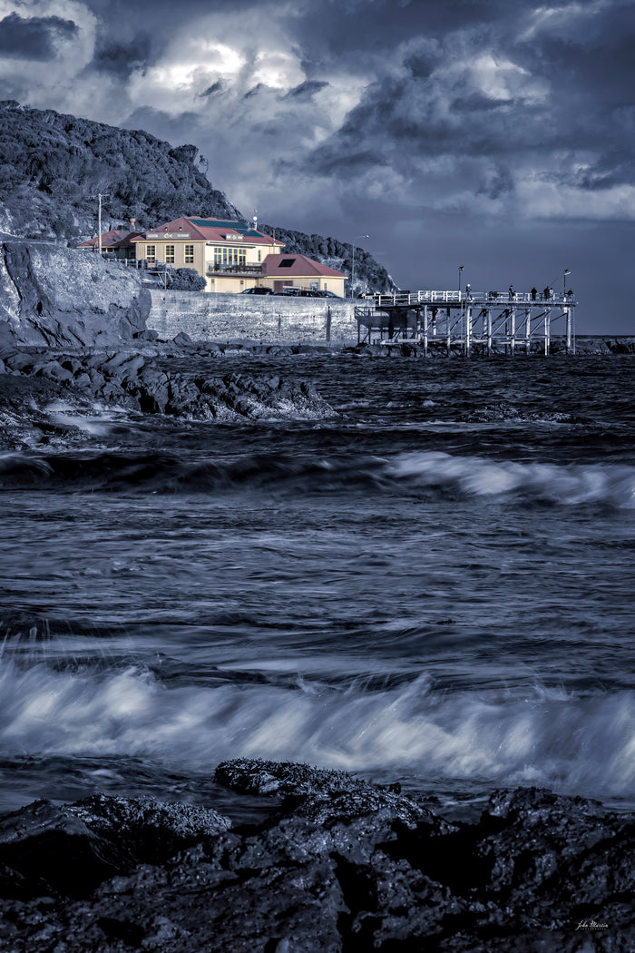 Merimbula Wharf in monochrome with the Aquarium Restaurant left in colour — fine art print