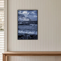 Merimbula Wharf in a black frame without a mat, on a panelled hallway wall