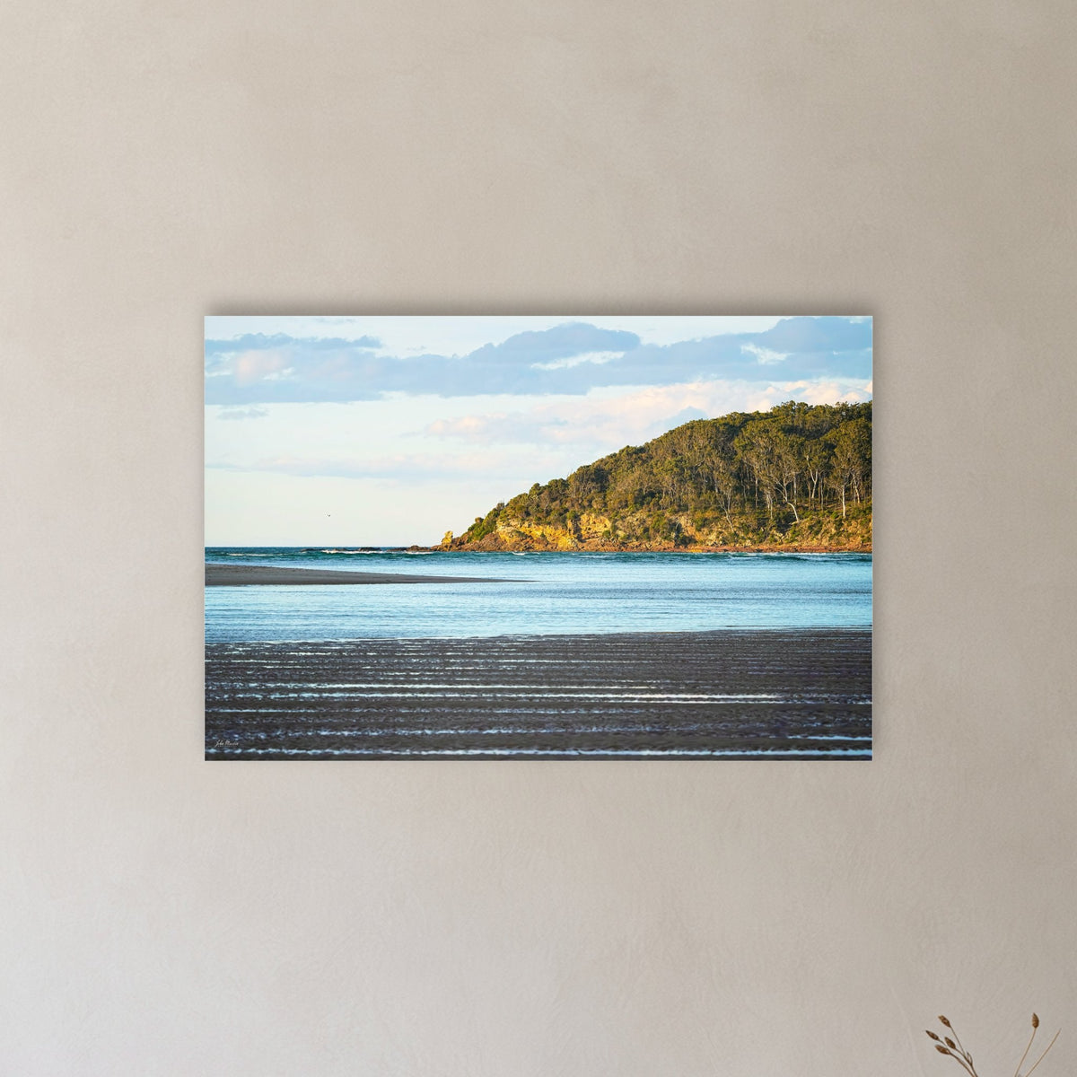 Pambula River Sea Entrance acrylic panel wall art in a hallway