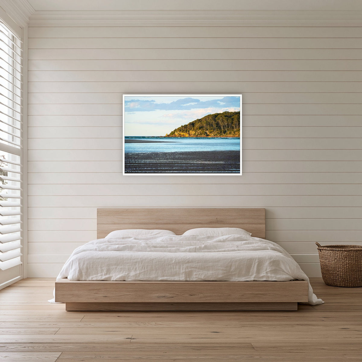 Pambula River Sea Entrance in a white frame without a mat, in a bedroom