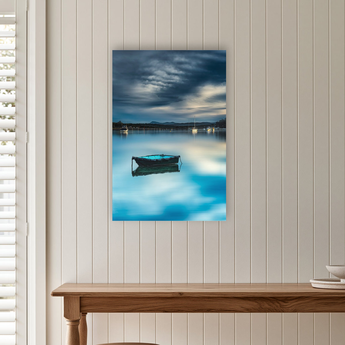 Little Boat Artistic Treatment acrylic panel wall art in a VJ-panelled hallway
