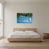 Mitchies Jetty in a white frame without a mat, in a bedroom