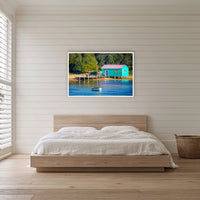 Mitchies Jetty Close Up in a white frame without a mat, in a bedroom