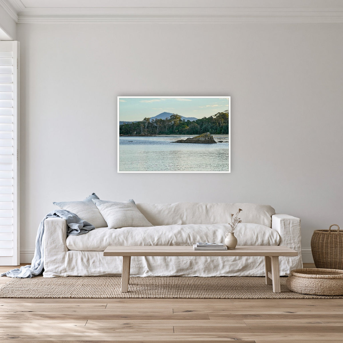 Twofold Bay in a white frame without a mat, on a lounge room wall