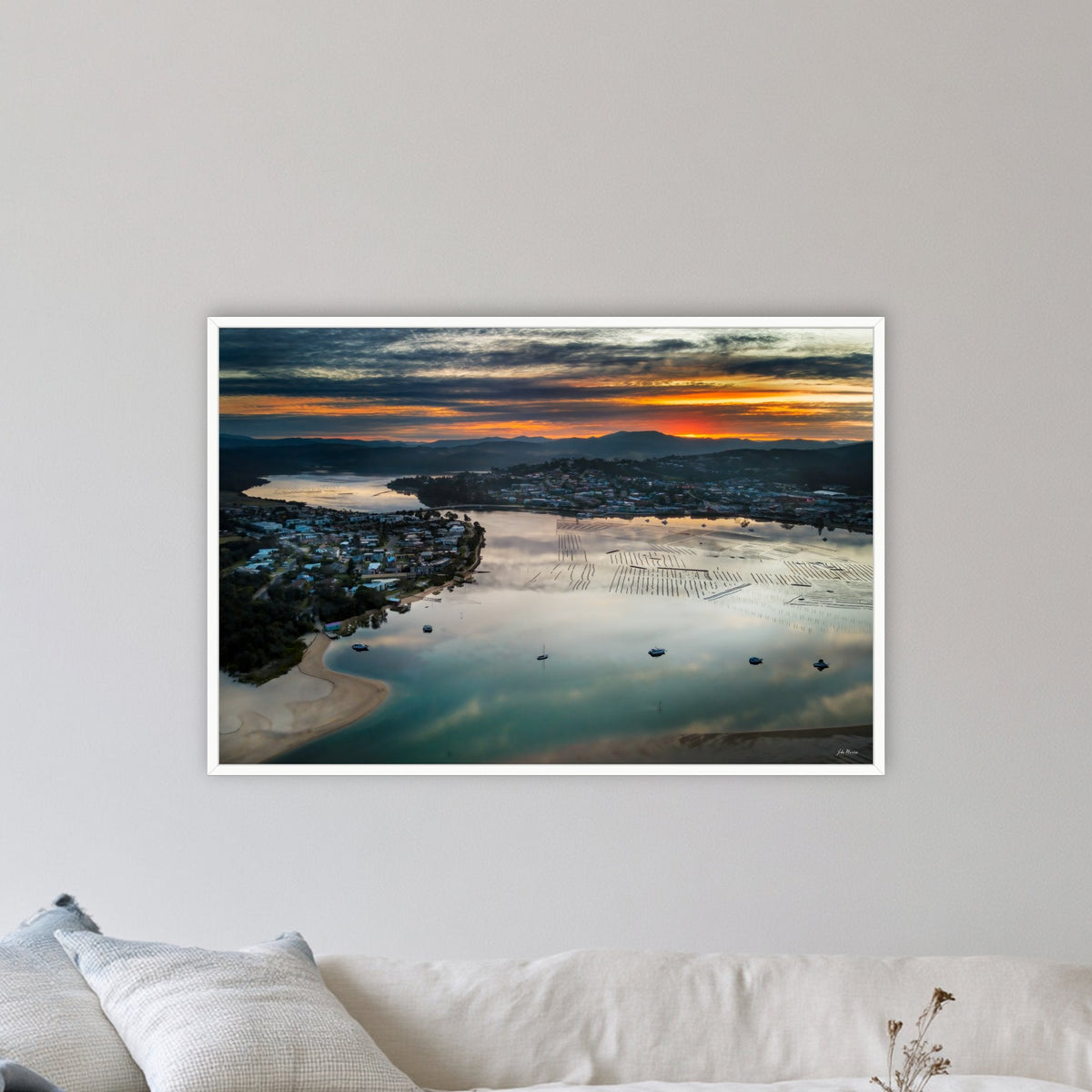 Merimbula Eagle Eye Sunset in a white frame without a mat, on a lounge room wall