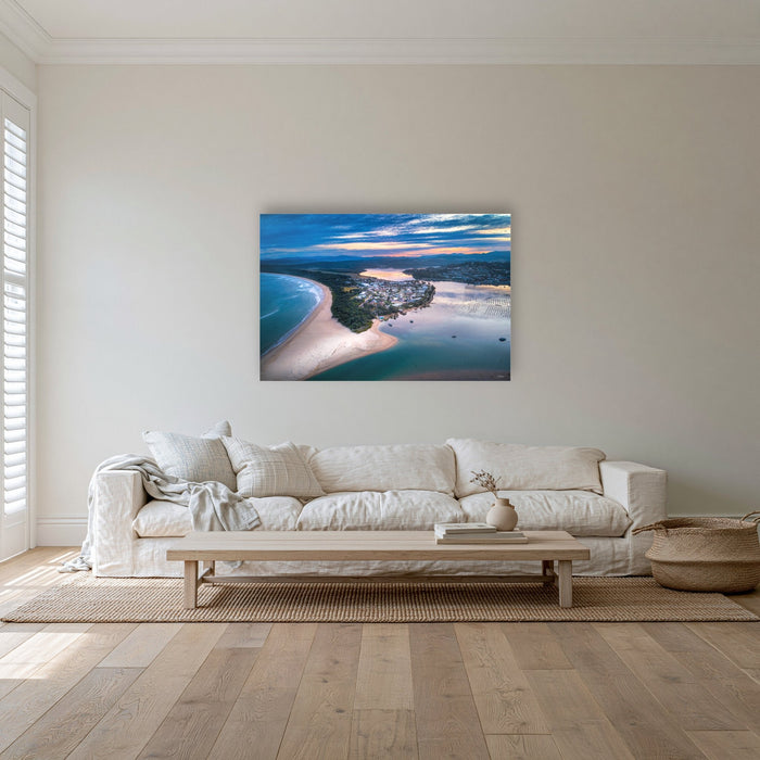Fishpen on Dusk acrylic panel wall art in a coastal lounge room