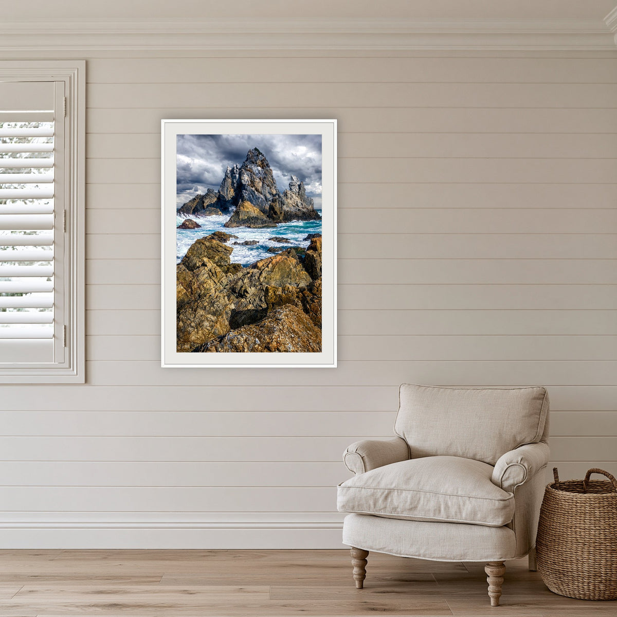 Camel Rock framed print in white with a mat, in a coastal lounge room