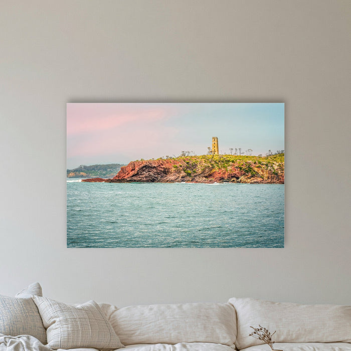 Ben Boyd Tower Seascape acrylic panel wall art in a coastal lounge room