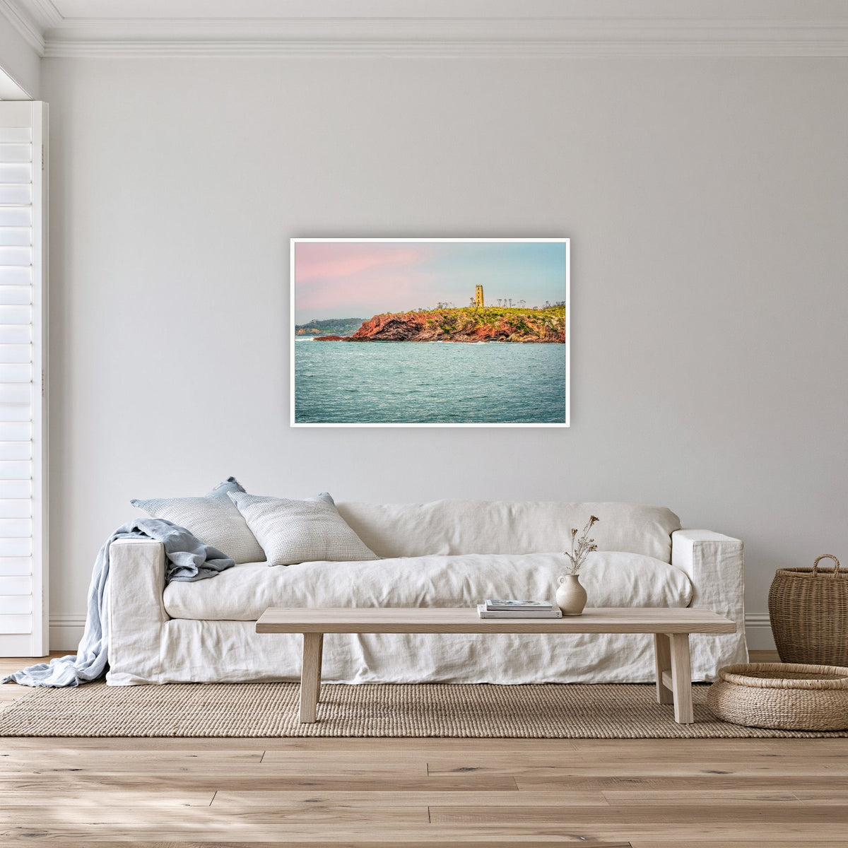 Ben Boyd Tower Seascape in a white frame without a mat, on a lounge room wall