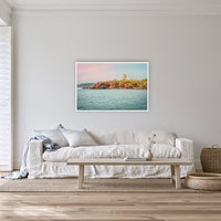 Ben Boyd Tower Seascape in a white frame without a mat, on a lounge room wall