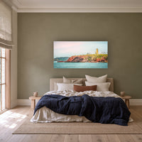 Ben Boyd Tower from the Sea wide panorama in acrylic above a linen bed with a navy quilt — wall art, Eden NSW