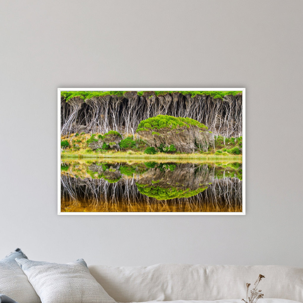 Bournda Lagoon Reflections in a white frame without a mat, on a lounge room wall