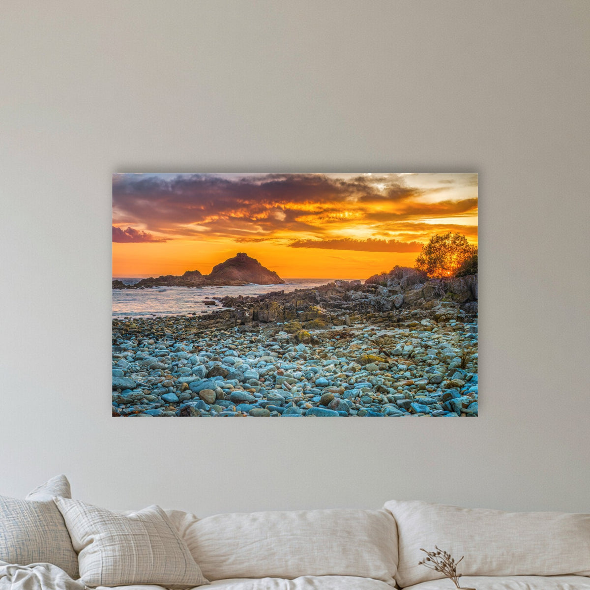 Mimosa Rocks Sunrise acrylic panel wall art in a coastal lounge room