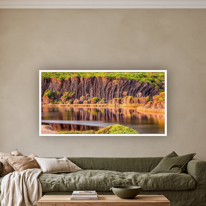 Bournda Lagoon wide panorama in a white frame above an olive linen sofa — wall art, Sapphire Coast NSW