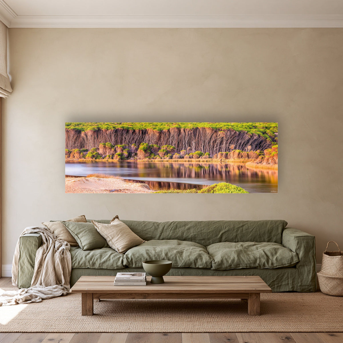 Bournda Lagoon super wide panorama in acrylic above a sage linen sofa — wall art, Sapphire Coast NSW